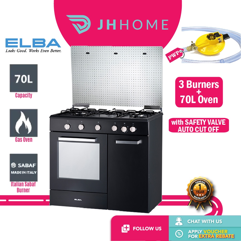 Elba 3 Sabaf Burners Gas Cooker with 70L Gas Oven EGC-C9703G(BK) | Safety Valve | Rotisserie Function