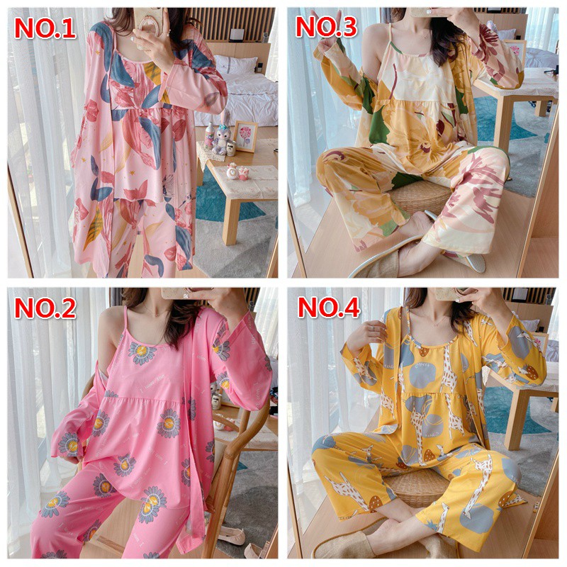 Buy Women S Pyjamas Korean Style Women Long Sleeve Sleepwear 3 In 1 Pijamas Casual Homewear Baju Tidur Wanita Seetracker Malaysia