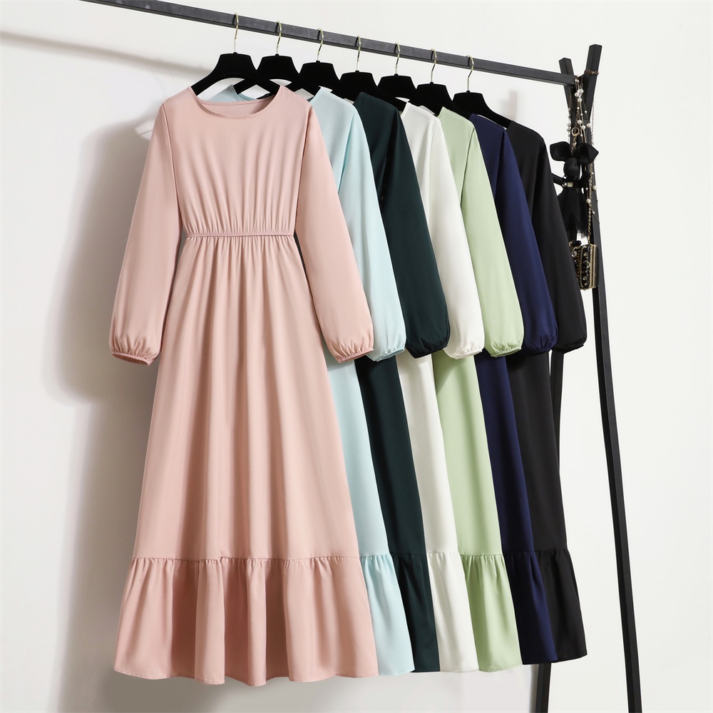 Long Sleeve Round Neck Long Muslim Dress Elastic Waist Solid Color Maternity Dress