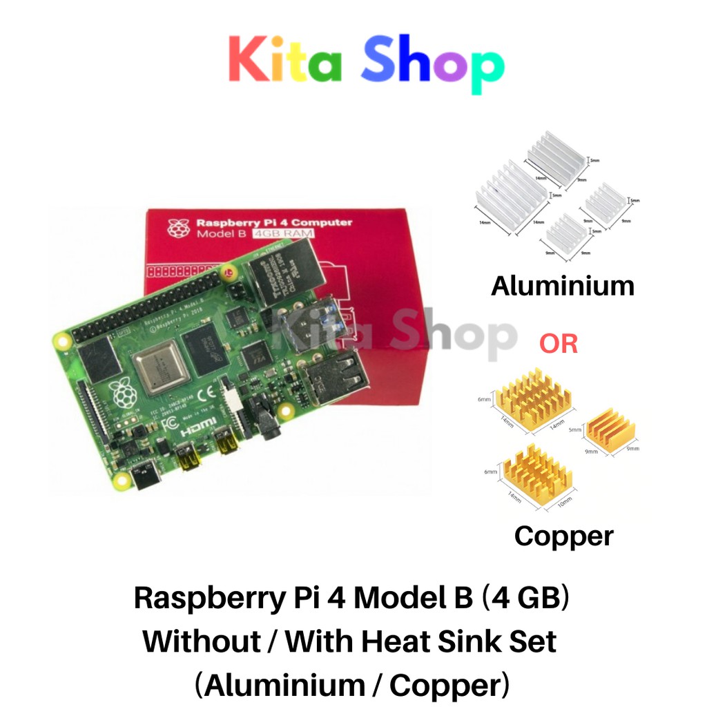 Raspberry Pi 4 Model B – 4GB : Without or With Heat Sink Set (Copper ...