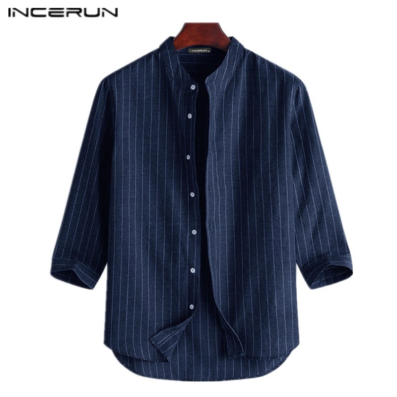 INCERUN Mens Stylish Striped 3/4 Sleeve Casual Button Down Loose Shirts ...