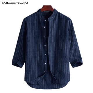 INCERUN Mens Stylish Striped 3/4 Sleeve Casual Button Down Loose Shirts