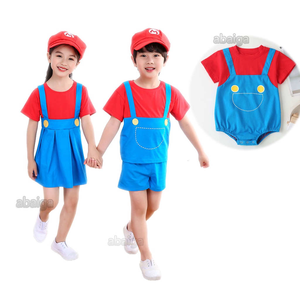 Super Mario Costume Baby Boys Shirt Shorts Girl Dress Brother and Sister Family Outfit Matching Set Kids Performance Cute Xmas Halloween Cosplay Cartoon Clothing