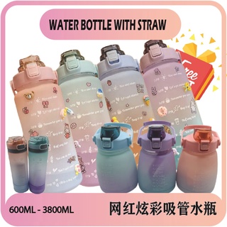 [Ready Stock]1300ml/2000ml/3800ml Water Bottle with Straw Ins Style Colorful Bekas Air Botol Minuman网红炫彩吸管水瓶大容量水瓶