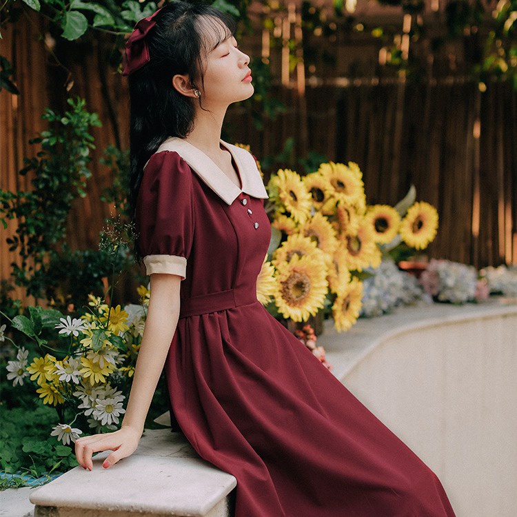 Summer Korean Style Retro Dress Flip Collar Puff Sleeve Midi Skirt