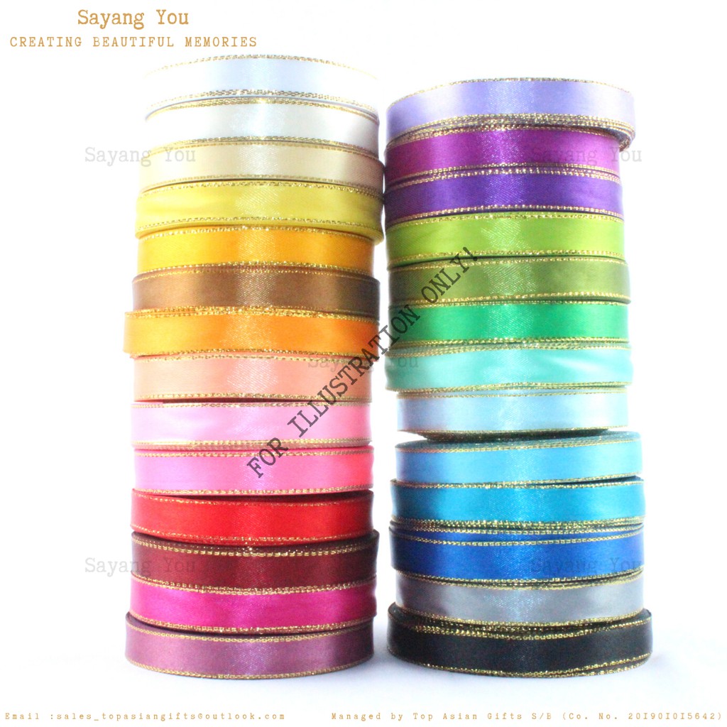 +/-9Mtr 12mm 1/2” Wedding Craft Décor DIY Assorted Colour Gold Edge Satin Ribbon Reben Satin Emas Kraf Hiasan 1.2RGG