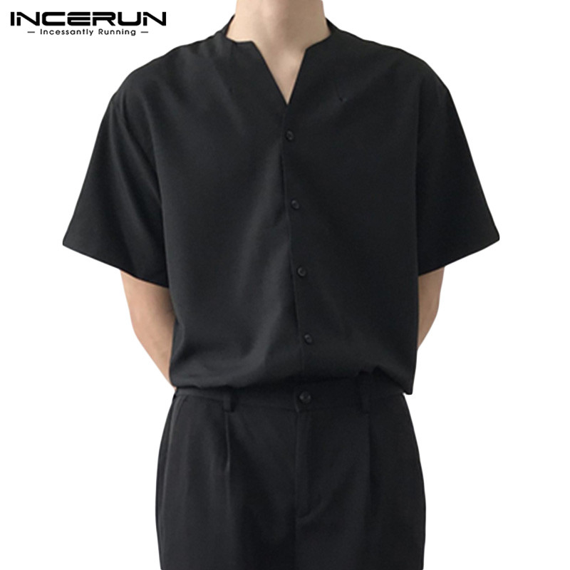 INCERUN Men Fashion Thin Plain Short Sleeve V Neck Button-down Baggy Soft Shirt