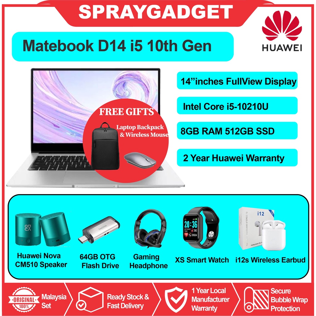 Huawei Matebook D14 i5/ i3 (8GB RAM+ 512GB SSD/ 256GB SSD) 2 Years Huawei Malaysia Warranty