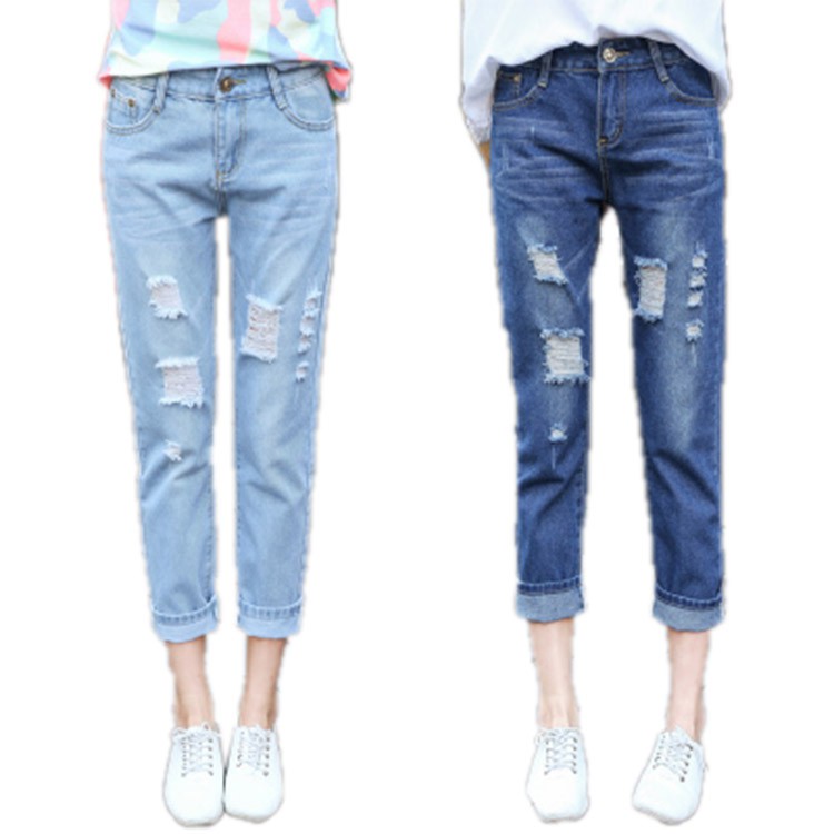 Denim Material Girls Pants Blue Jeans Loose Ripped Long Jeans Shopee Malaysia