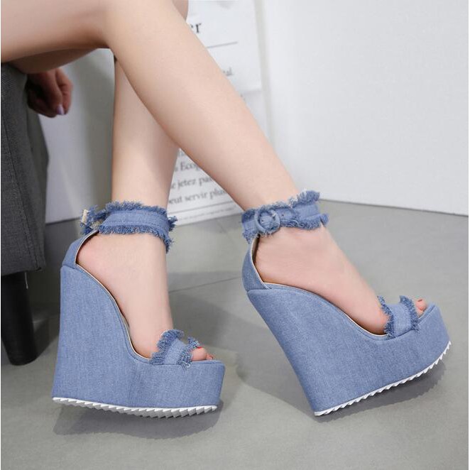 denim peep toe wedges