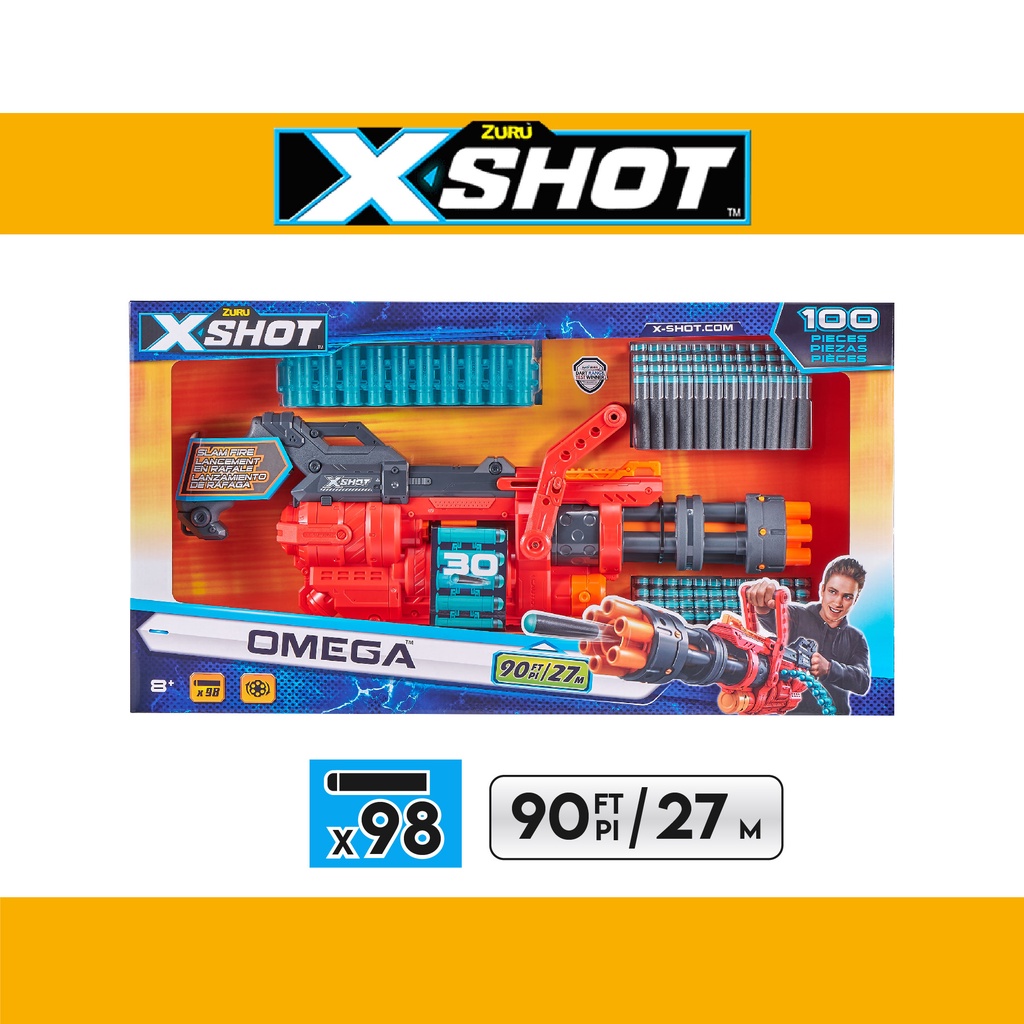 ZURU XSHOT Excel Omega, 98 Darts 30 Darts Capacity with Auto Rotating Barrel, Birthday Gift