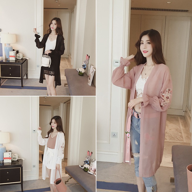 Wp Women Floral Embroidery Korean Long Sleeve Chiffon Cardigan Shopee Malaysia