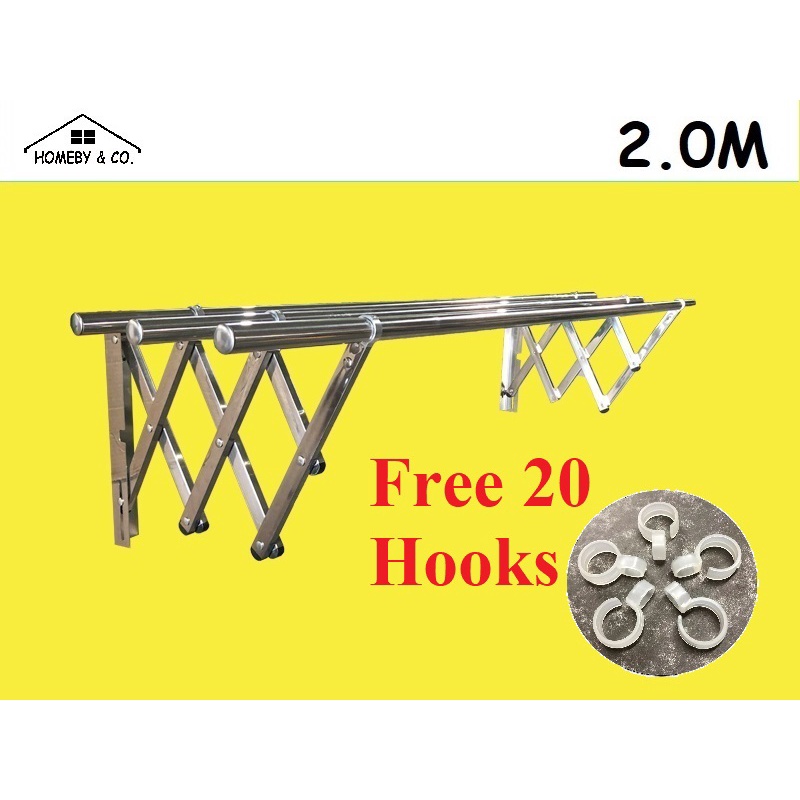 HOMEBY【3 BAR/ 4 BAR】2.0M Stainless Steel Wall-Mounted Retractable Cloth Hanger / Indoor Outdoor Hanger