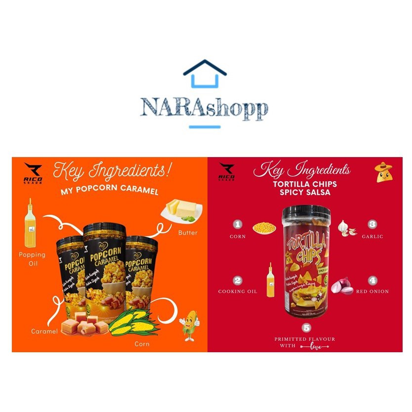 POPCORN CARAMEL and TORTILLA CHIPS snacks BY RICO Bertih Jagung PRODUK