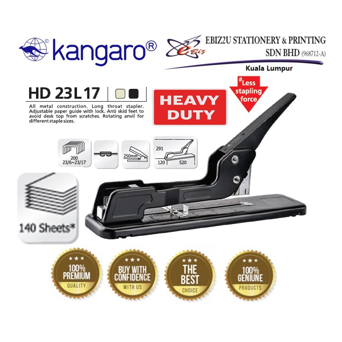 KANGARO HD23/L17 HEAVY DUTY LONG TROAT STAPLER 140 sheets (alat