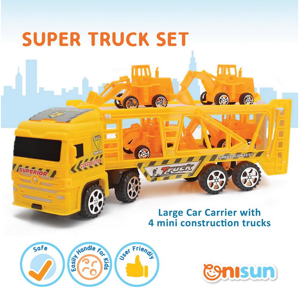 5 in 1 Kids Car Carrier Truck with Construction Trucks & Super Truck Playset (Mainan Budak