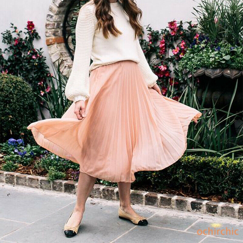 Women Korean Pleated Skirt High Waist Long A-line Maxi Skirt Elastic Casual Summer