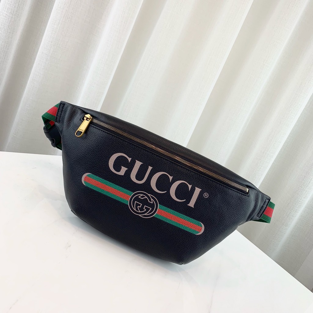Authentic Gucci Print retro logo leather waist bag chest bag black yang power bag spot | Shopee Malaysia