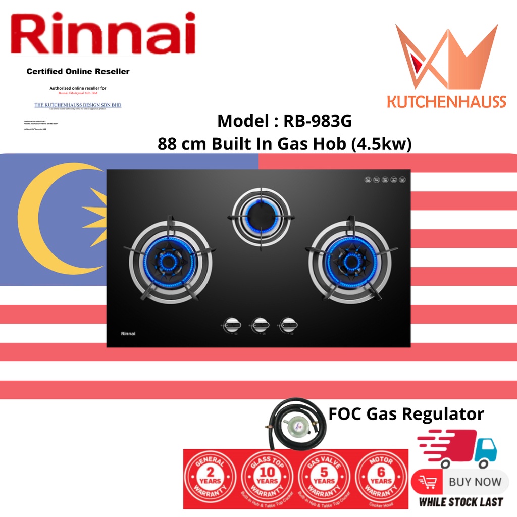 Rinnai Flexi 3Burner Builtin Gas Hob (88cm) RB983G (FOC Gas