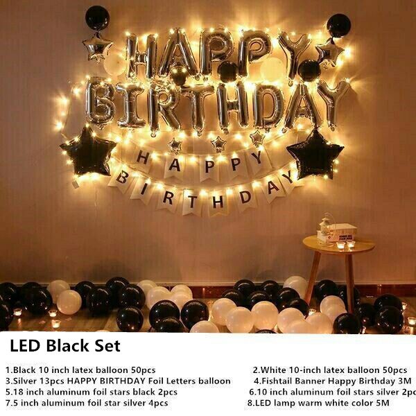 Led Lights Happy Birthday Pink And Black Set Balons Party Foil
