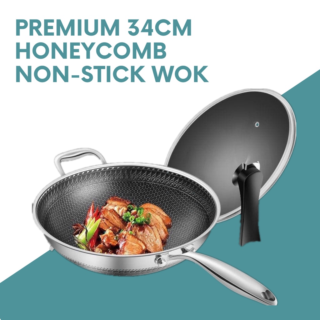 Premium 34cm Doublesided Full NonStick Wok Set 【⚡Best