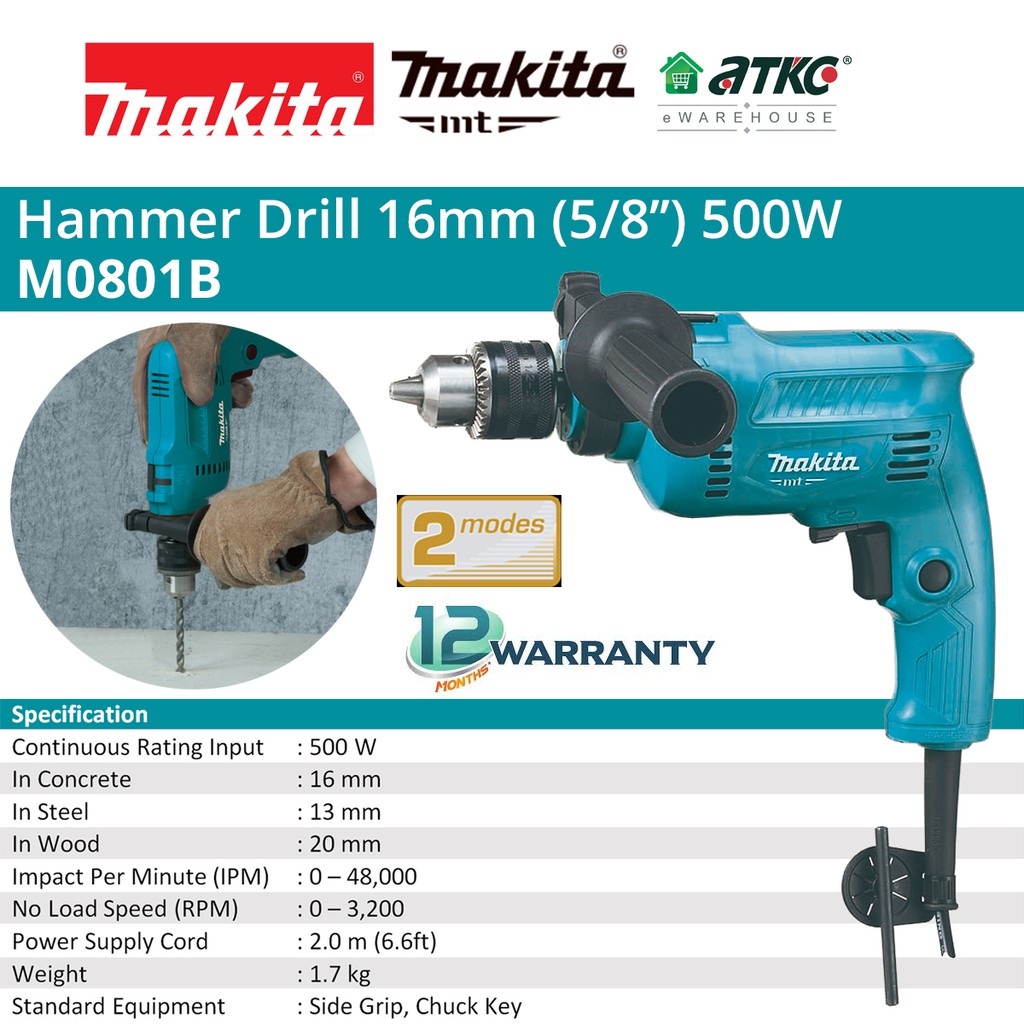 MAKITA M0801B Hammer Drill Suitable For Concrete / Steel / Wood 16MM 5/ ...