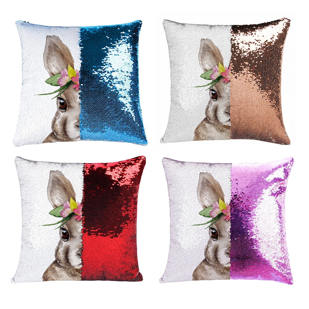 Happy Easter Bunny Sequins Suede Pillow Square Cushion Covers Home