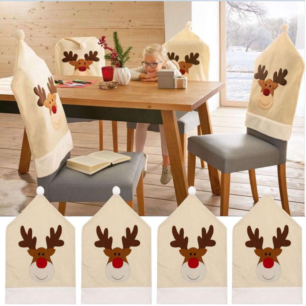 Merry Christmas Elk Chair Cap Cloth Beige Embroidery Cover Decoration/Dinner Placemats Deer Seat Covers/Fashion Xmas Home Party Holiday Decor