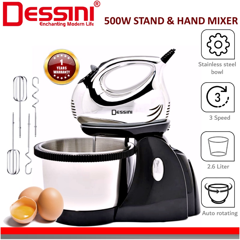 DESSINI ITALY 3 Speed Electric Stand Mixer Hand Beater Egg Blender Grinder Dough Whisk 2.6L Bowl Pengadun Bancuh Telur