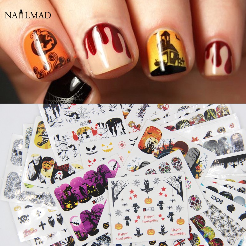 48pcs Halloween Nail Water Decals Pumpkin Skull Nail Art Tattoo Water Slide Shopee Malaysia