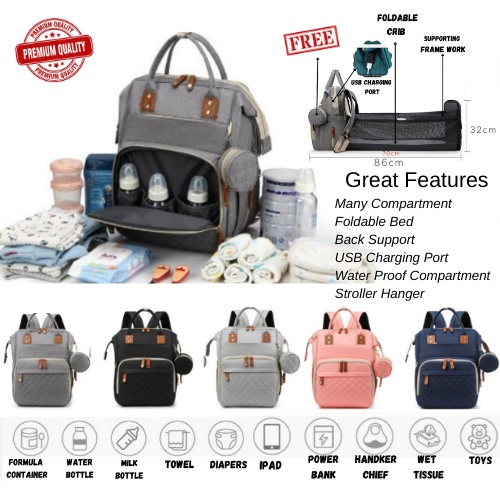 Diaper Bag I Mummy Fashion Travel Backpack I Multi Storage Bag I Baby  Folderable Crib I USB Charger Port | Shopee Malaysia