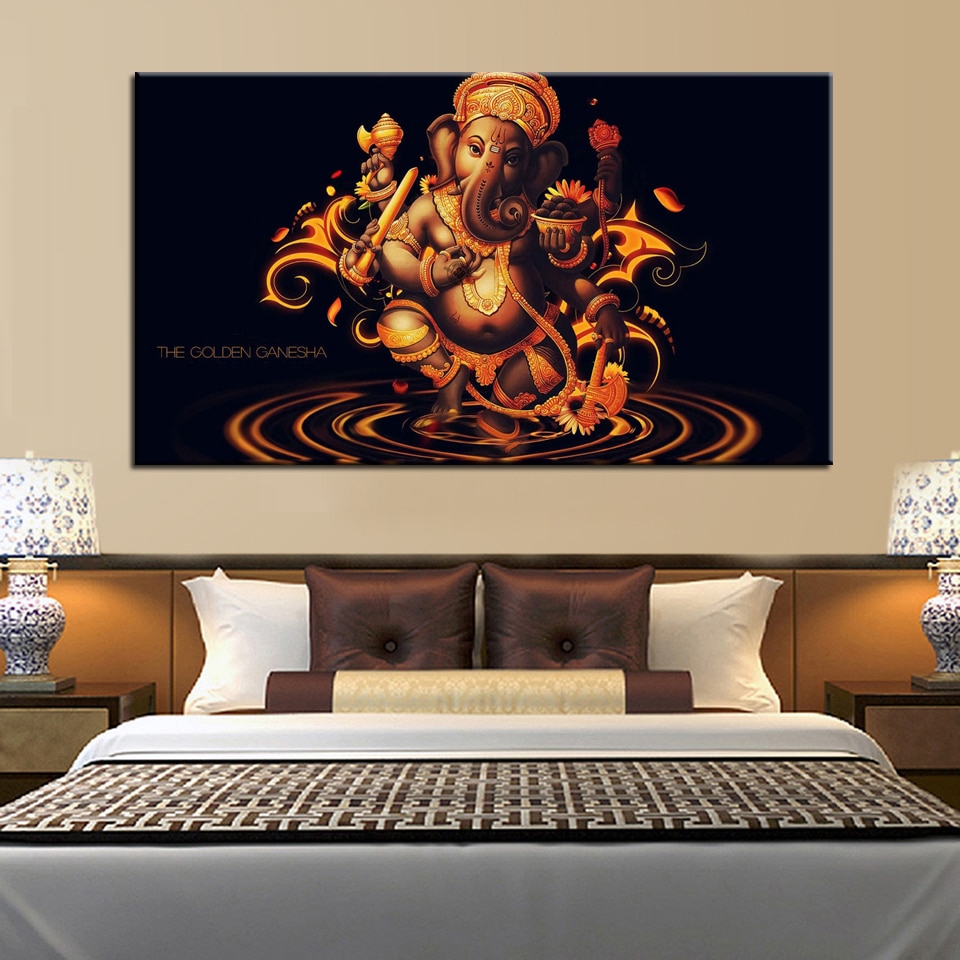 Hindusism Posters Prints Canvas Indian Golden Ganesha Pictures Decor No Framed