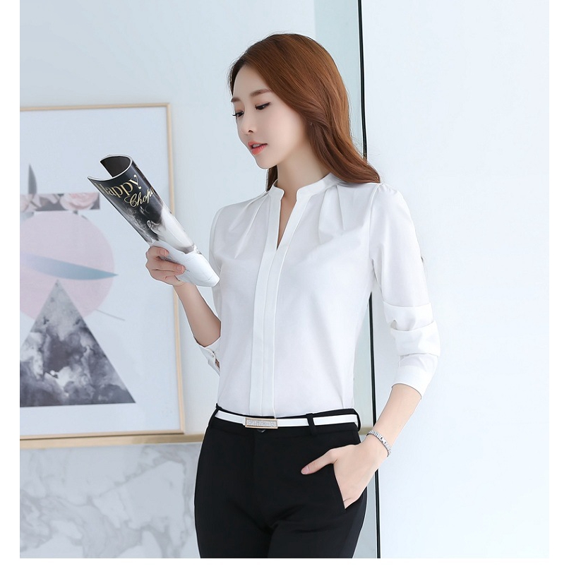 Women Long Sleeve Chiffon Shirt Ladies V Neck Elastic Work Tops Casual  Plain Semi Formal for Women White Pink Purple | Shopee Malaysia