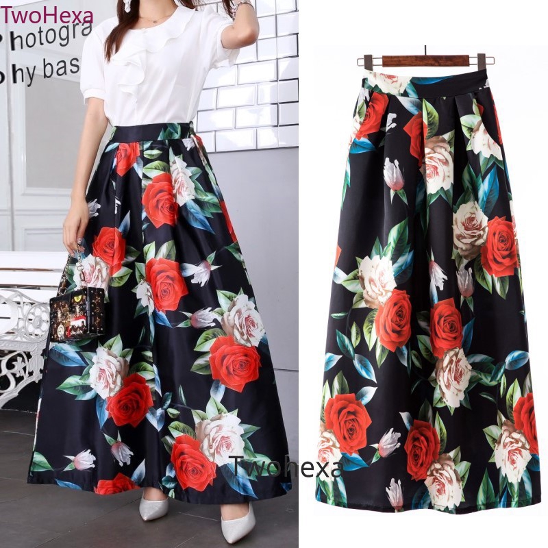 Fashion Women Floral Print Black Color Red Rose Long Skirts Female ...