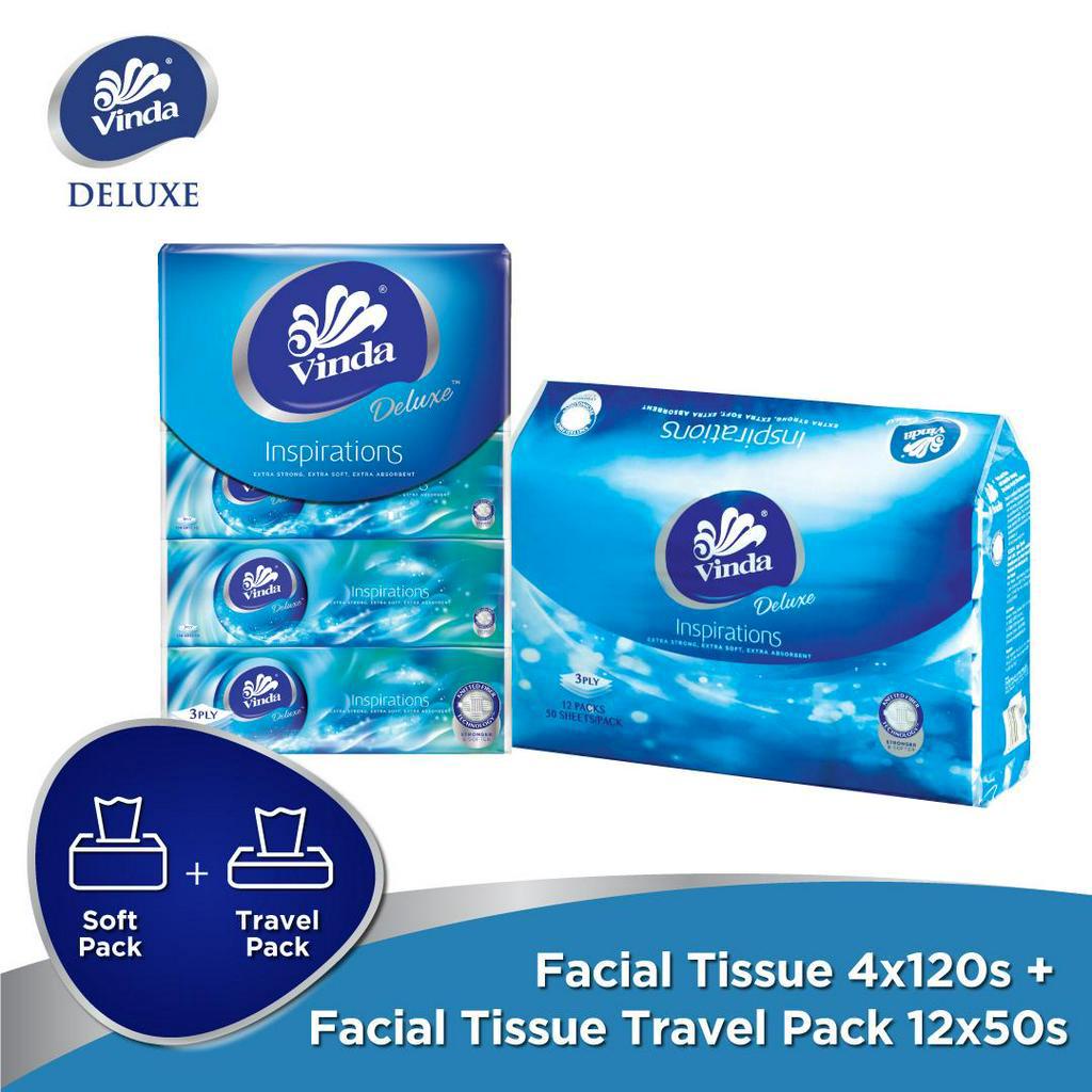 Vinda Deluxe Soft Pack Facial Tissue Large 3ply (4x120s) + Vinda Deluxe Multi Travel Pack Facial