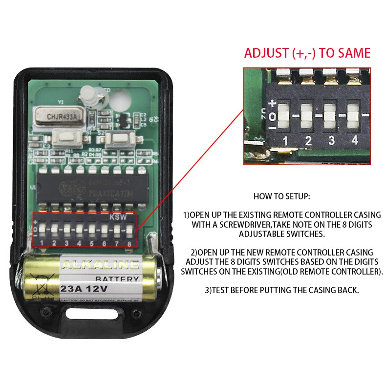 Autogate Remote Control Chip 5326 330MHz 433MHz Auto Gate With Battery 23A *1 8 digits number adjustable switches