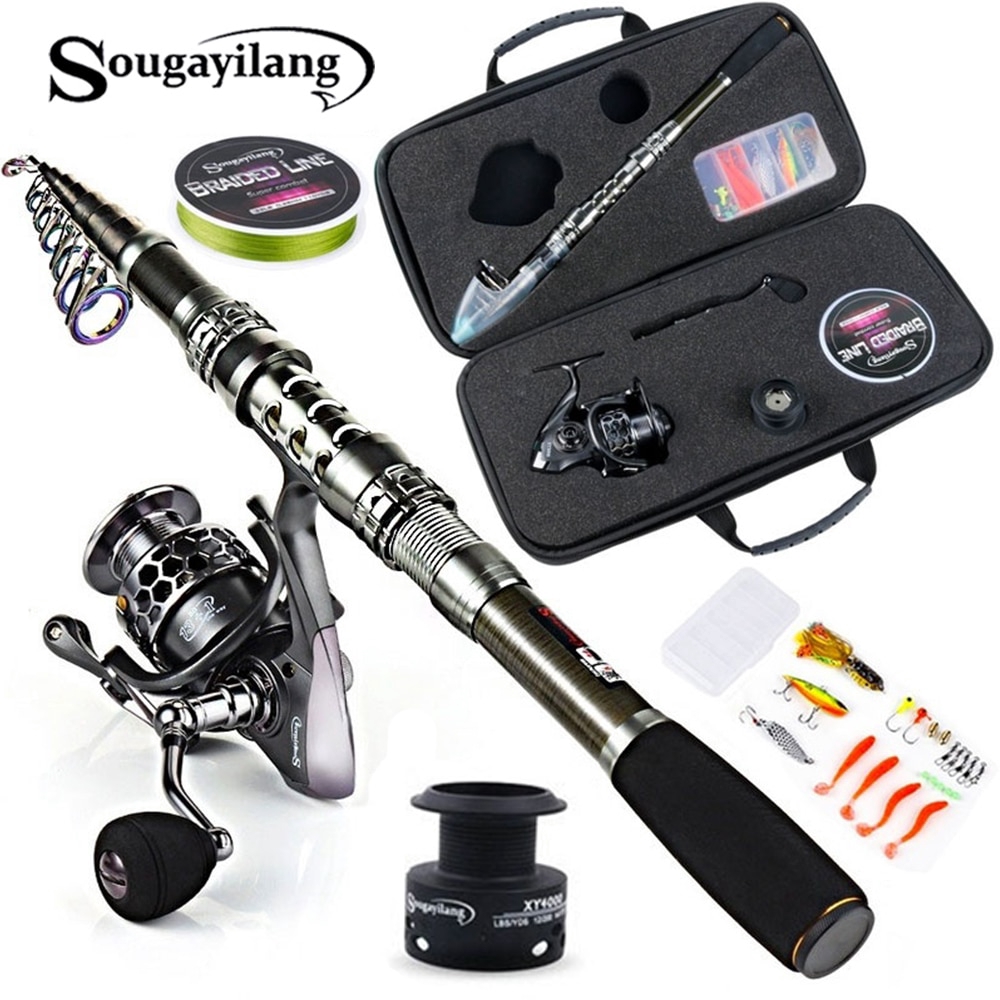 Sougayilang 1.8m/2.1m/2.4m Telescopic Fishing Rod + Full Metal Body Spinning Reels Lure Line Bag Sets