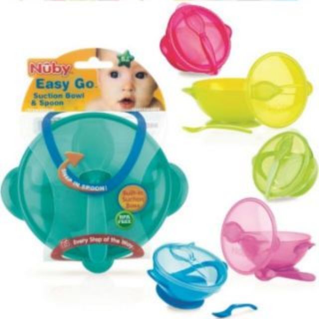 M Baby Feeding 6 Pink Nuby Easy Go Suction Bowl /& Snap In Spoon