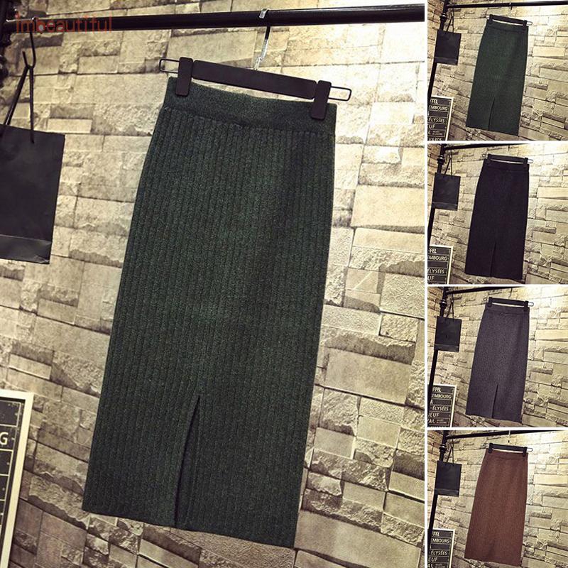 Women's Ladies Loose Plus Size Elastic Waist Pencil Slit Knitted Plain Mid Calf Formal Office Business Stylish Skirt