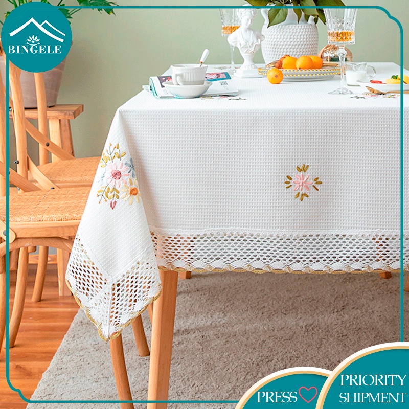 Bingele Table Cloth Floral Embroidery Cotton White Dining Coffee Dinner Tablecloth Rectangle Ins Retro Flower Crochet Aesthetic Banquet Table Mat Kain Meja Alas Meja Kain Meja Kopi Sarung Meja Makan Alas Meja