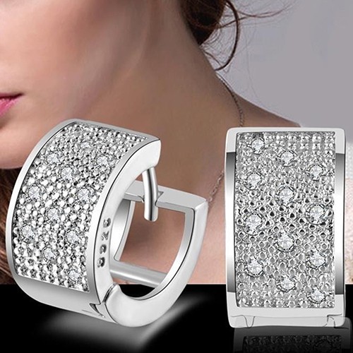 925 Fashion Women Black Silver Crystal Rhinestone Ear Stud Hoop Earrings Jewelry