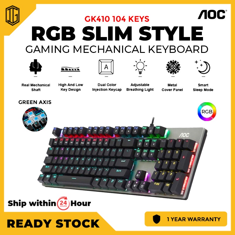 AOC GK410 Wired Gaming Mechanical Keyboard 104 Keys Green Axis High Low ...