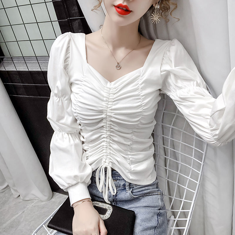 New Design French Clavicle Square Neck Long Sleeved T Shirt Women Autumn Sense Folds Western Style Bubble Sleeve Bottoming Shirt Shopee Malaysia