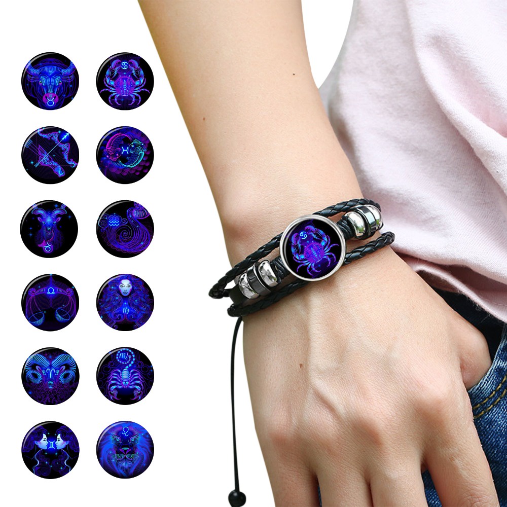 Gemini Cancer Leo Virgo Libra Scorpio 12 Constellation Black punk Leather Bracelet Zodiac Bracelet Accessories