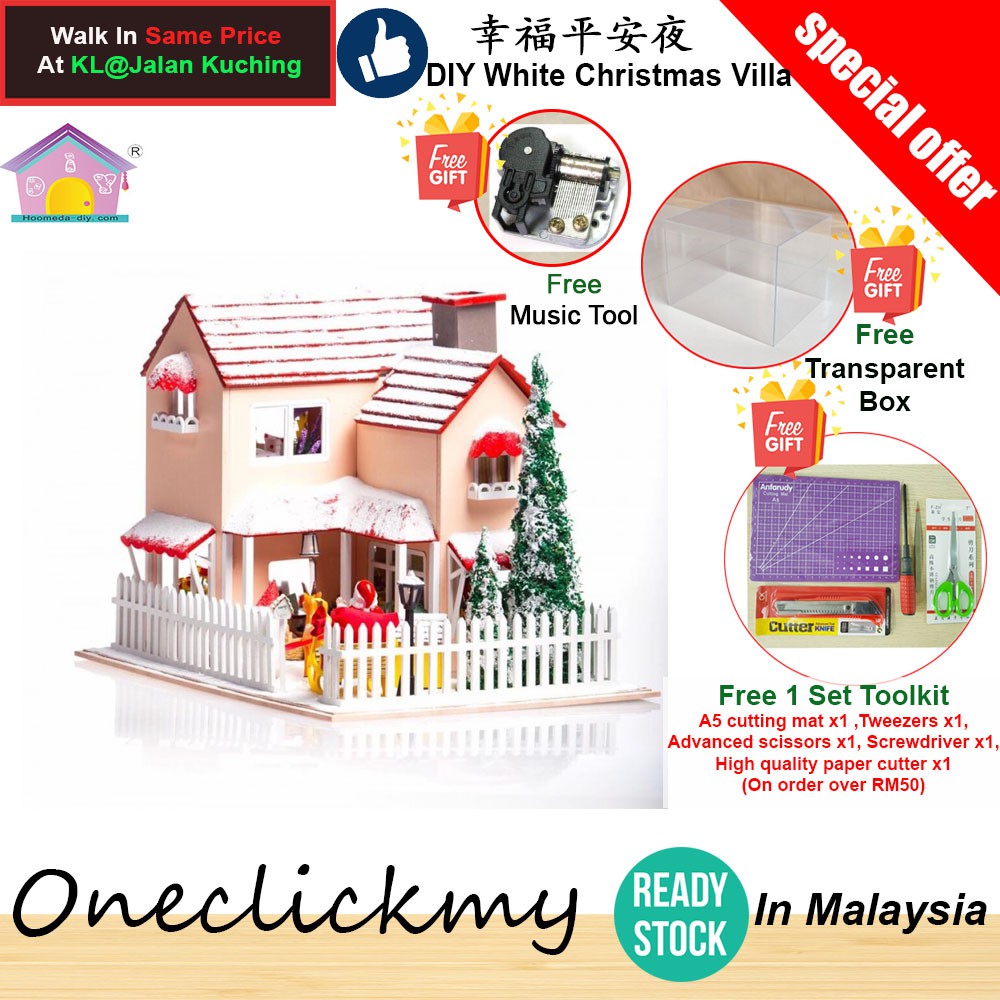 [ READY STOCK ]DIY Dollhouse Miniature LED Light Box Music + Transparent Cover DIY White Christmas Villa