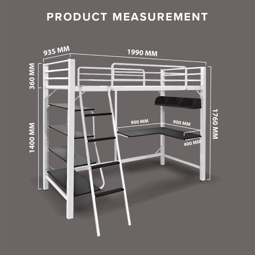 FINSSO : Aurora Loft Single Metal Bed Frame with Study Table & Book Shelves