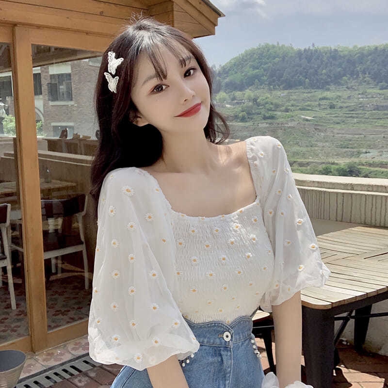 Summer New Korea Fashion Women Square Neck Floral Blouse Sweet Bubble