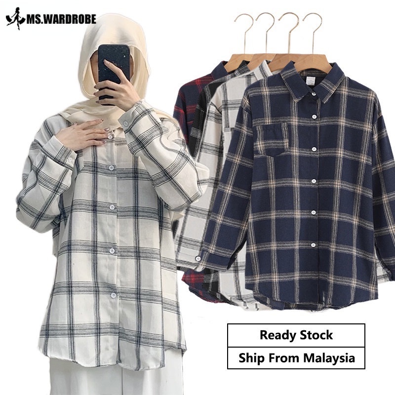 Ready stock Baju kemeja Mid-Length Plaid Shirt women blouse 2024 New Women's Clothing Retro Women Shirt