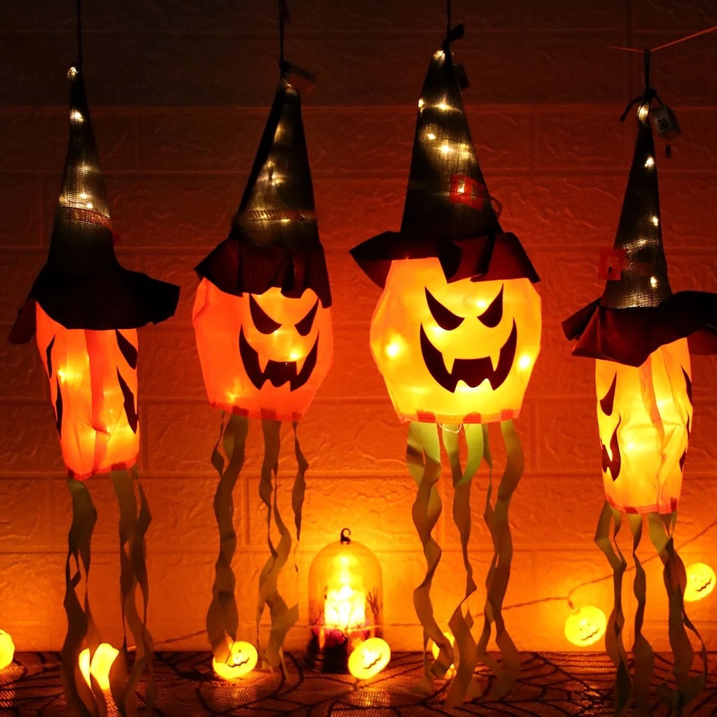 1PC LED Glowing Hanging Ghost Light Halloween Party Decoration Wizard Hat Pumpkin Lamp Horror Props Outdoor Decor