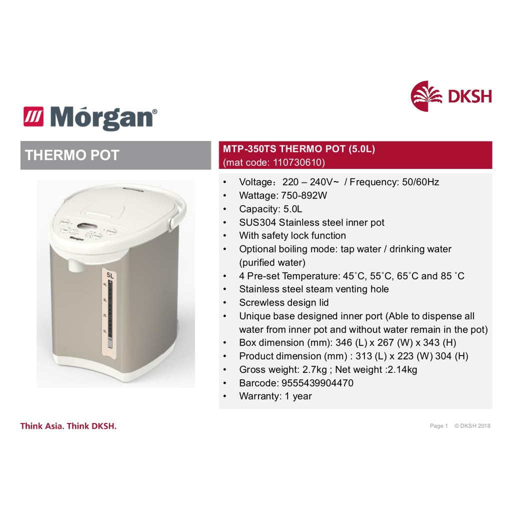 Morgan 5.0L Thermopot Water Dispenser with Dechlorinate MTP-350TS